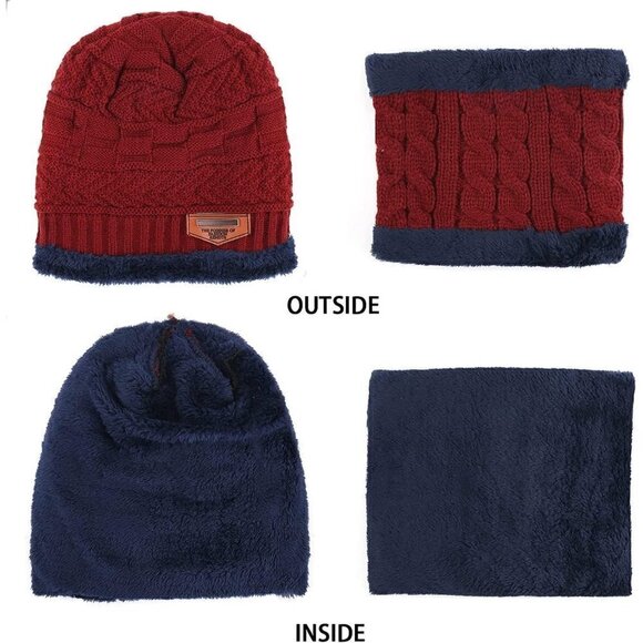 Kids Boys Girls Winter Warm Knit Beanie Hat Cap Neck Scarf Set with Fleece - Picture 3 of 6